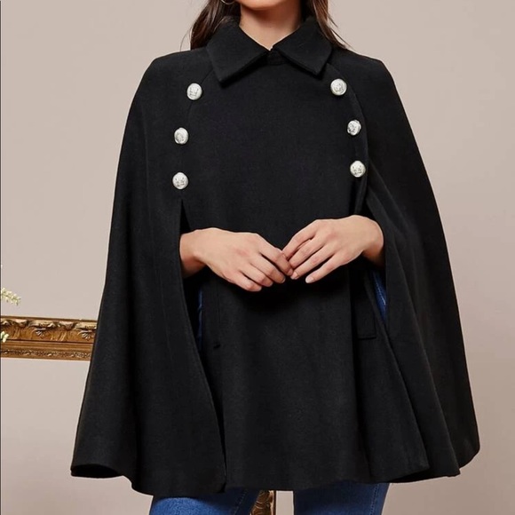 Wool like double breast button cape jacket black - Picture 3 of 3